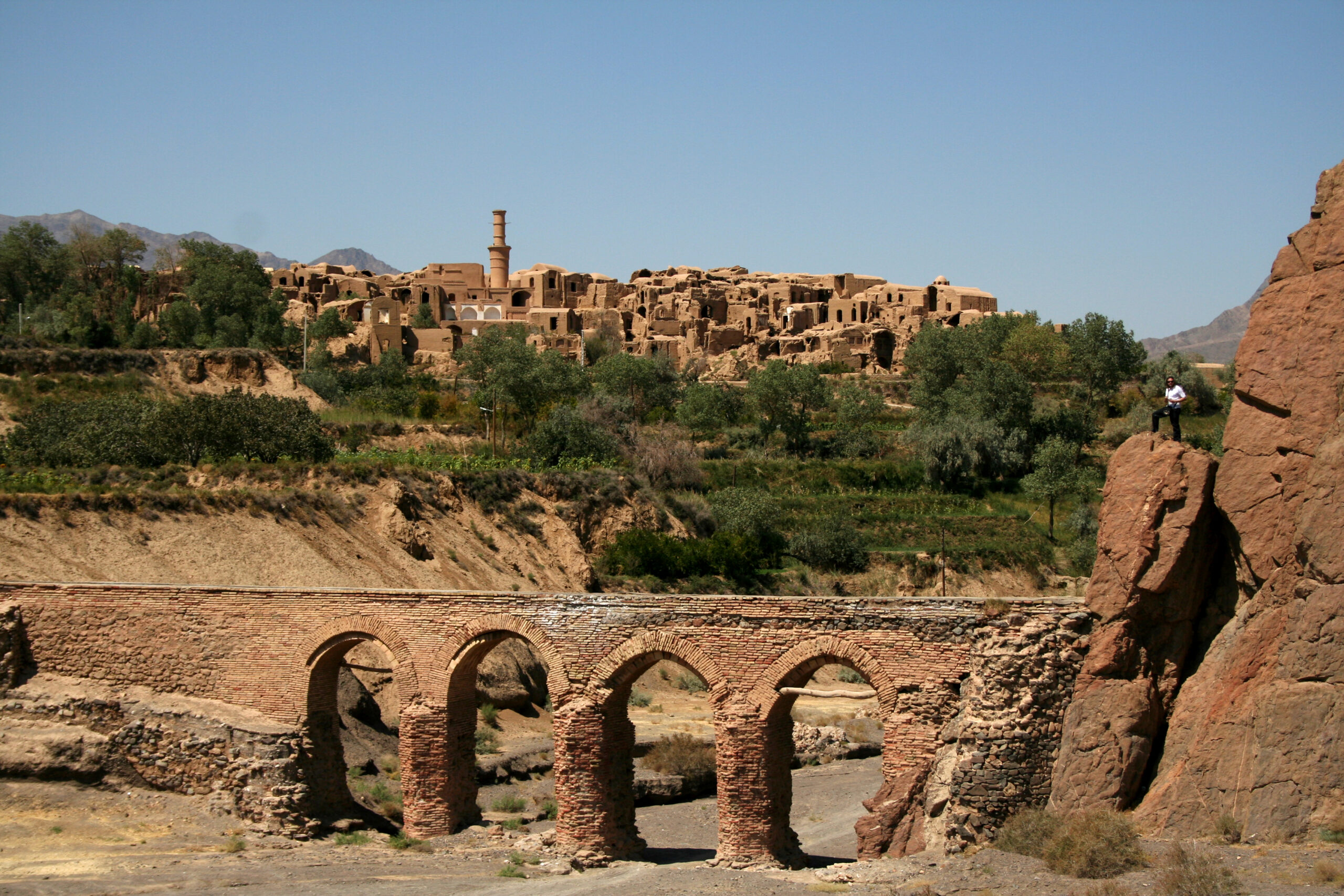 Sun-baked mud-brick houses of Kharanaq village set against the central Iranian desert.