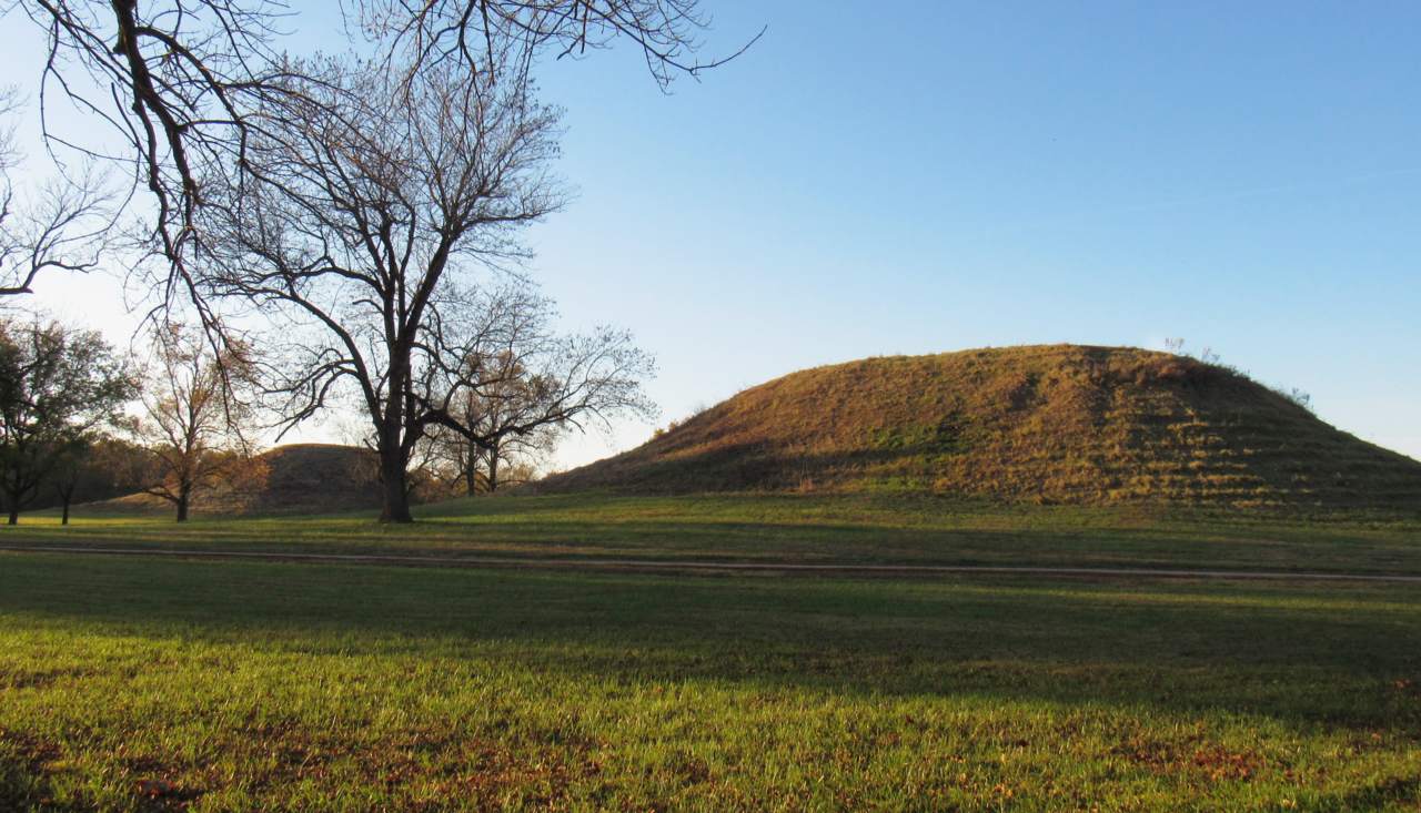 Grassy platform mounds at Cahokia, the largest Mississippian city, near St. Louis