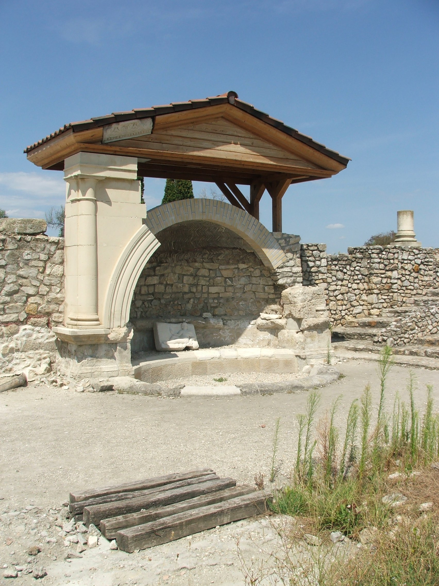 The reconstructed nymphaeum or ornamental fountain at Gorsium-Herculia, Tac, Hungary, part of the Roman town's public water display.