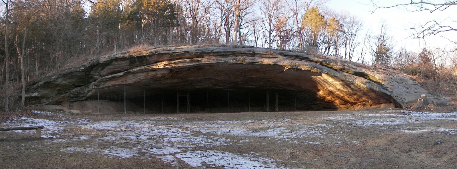 Panorama of the Graham Cave mouth above the Loutre River valley in Graham Cave State Park, Missouri.