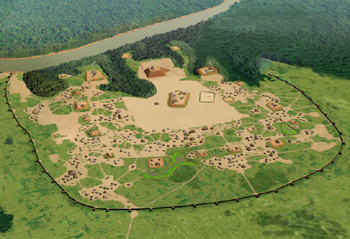 Artist’s aerial reconstruction of the Moundville site around AD 1250 showing 29 mounds around a plaza enclosed by a palisade on the Black Warrior River