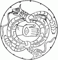 Mississippian hand-and-eye symbol flanked by two serpents, a Southeastern Ceremonial Complex motif associated with Moundville