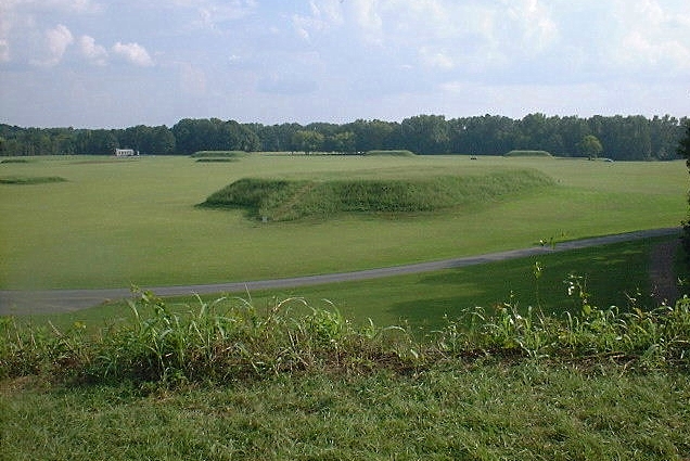 Photograph of a large flat-topped earthen mound at Moundville Archaeological Site, Hale County, Alabama