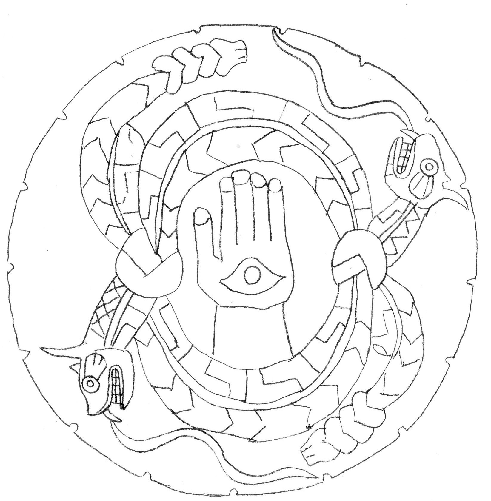The Moundville Rattlesnake Disk, an engraved sandstone palette showing two knotted horned rattlesnakes encircling a hand-and-eye motif