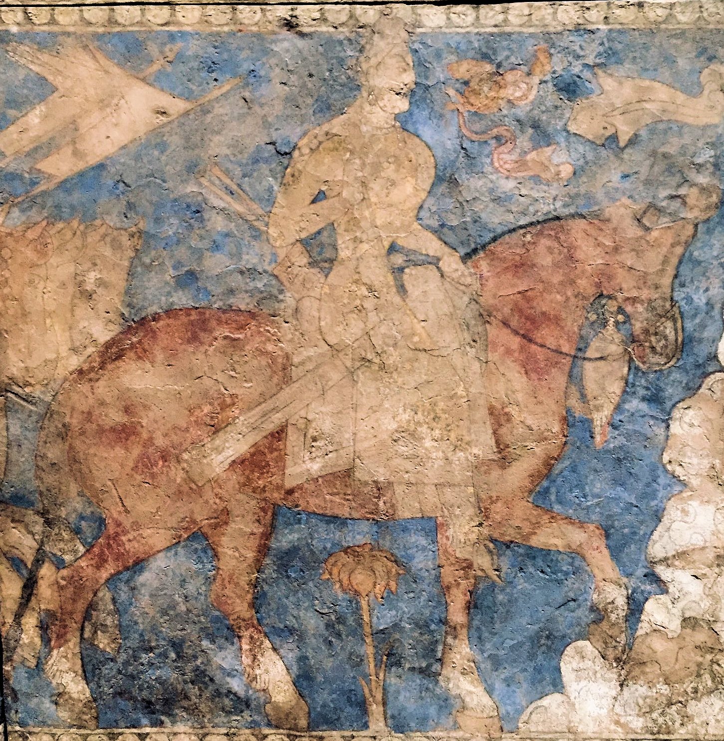 Panjakent wall painting of the Iranian hero Rostam from the Shahnameh epic cycle, 7th century CE