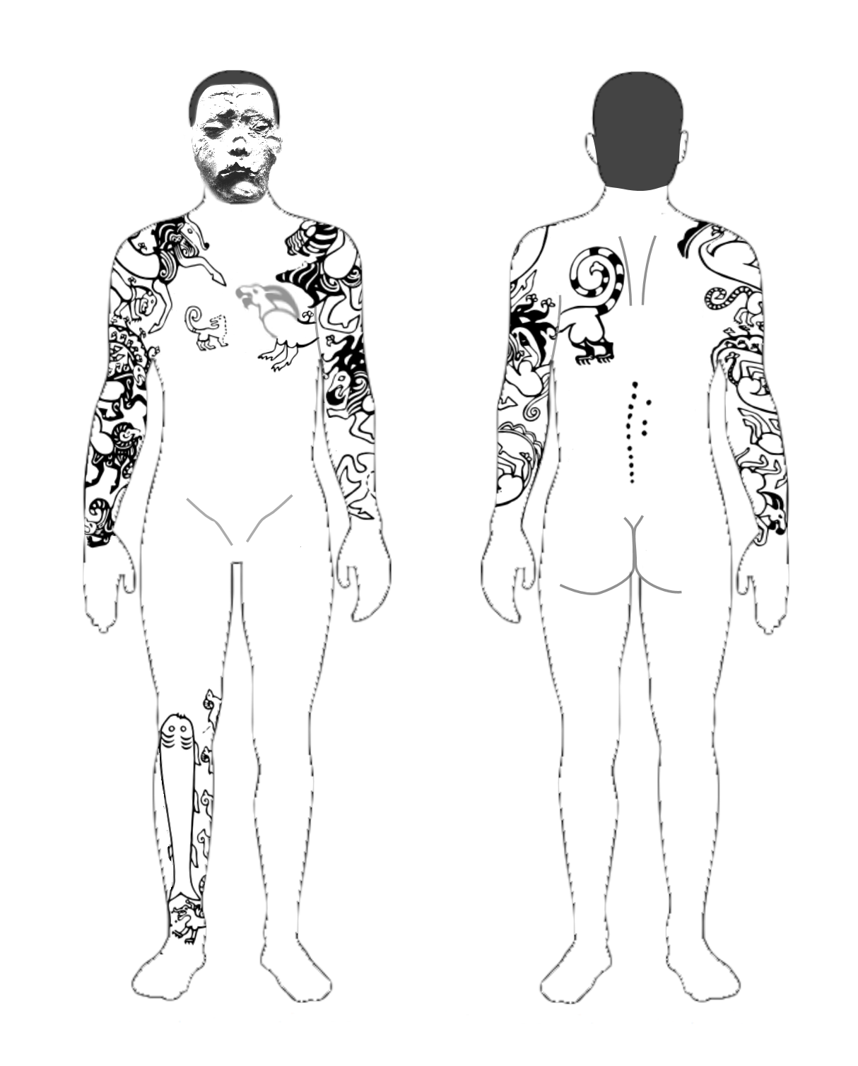 Reconstructed tattoo designs of fantastic beasts from the Pazyryk chieftain of Barrow 2