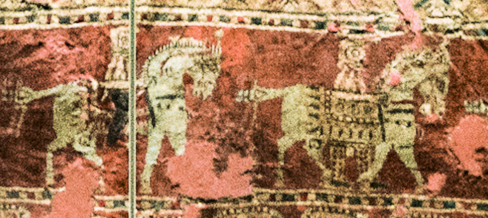 Detail of the horsemen border of the Pazyryk Carpet showing mounted riders