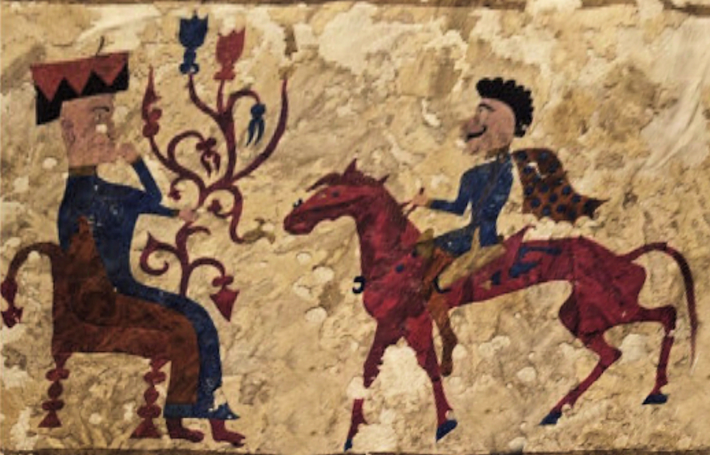 Pazyryk felt wall-hanging showing a horseman approaching a seated goddess, from Barrow 5