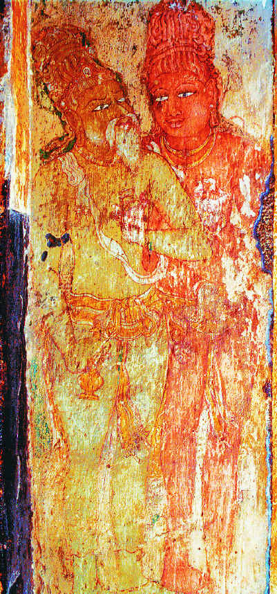 Eleventh-century mural of Rajaraja Chola I with his guru Karuvur Thevar, Brihadisvara Temple, Thanjavur