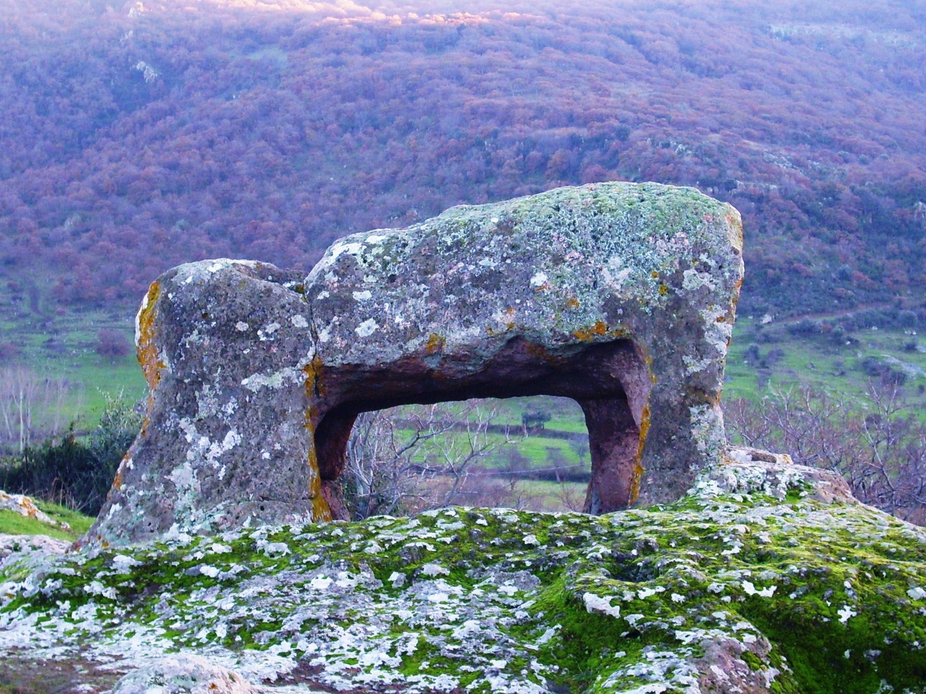 The perforated bull-shaped rock sculpture near the Sant'Andrea Priu necropolis, Bonorva, Sardinia.