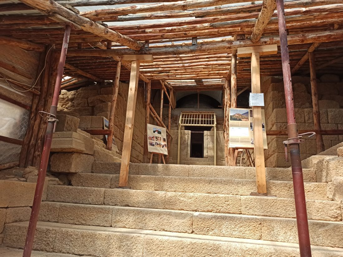 Monumental stone staircase leading up to the entrance of the Thracian cult temple inside the Chetinyova mound at Starosel