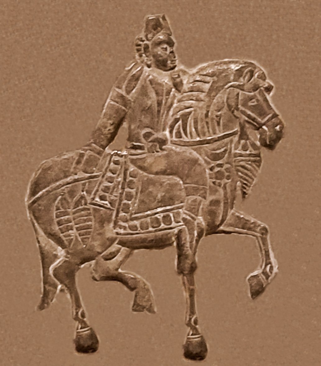Panel of the Anyang Sogdian funerary bed showing a prince on horseback.