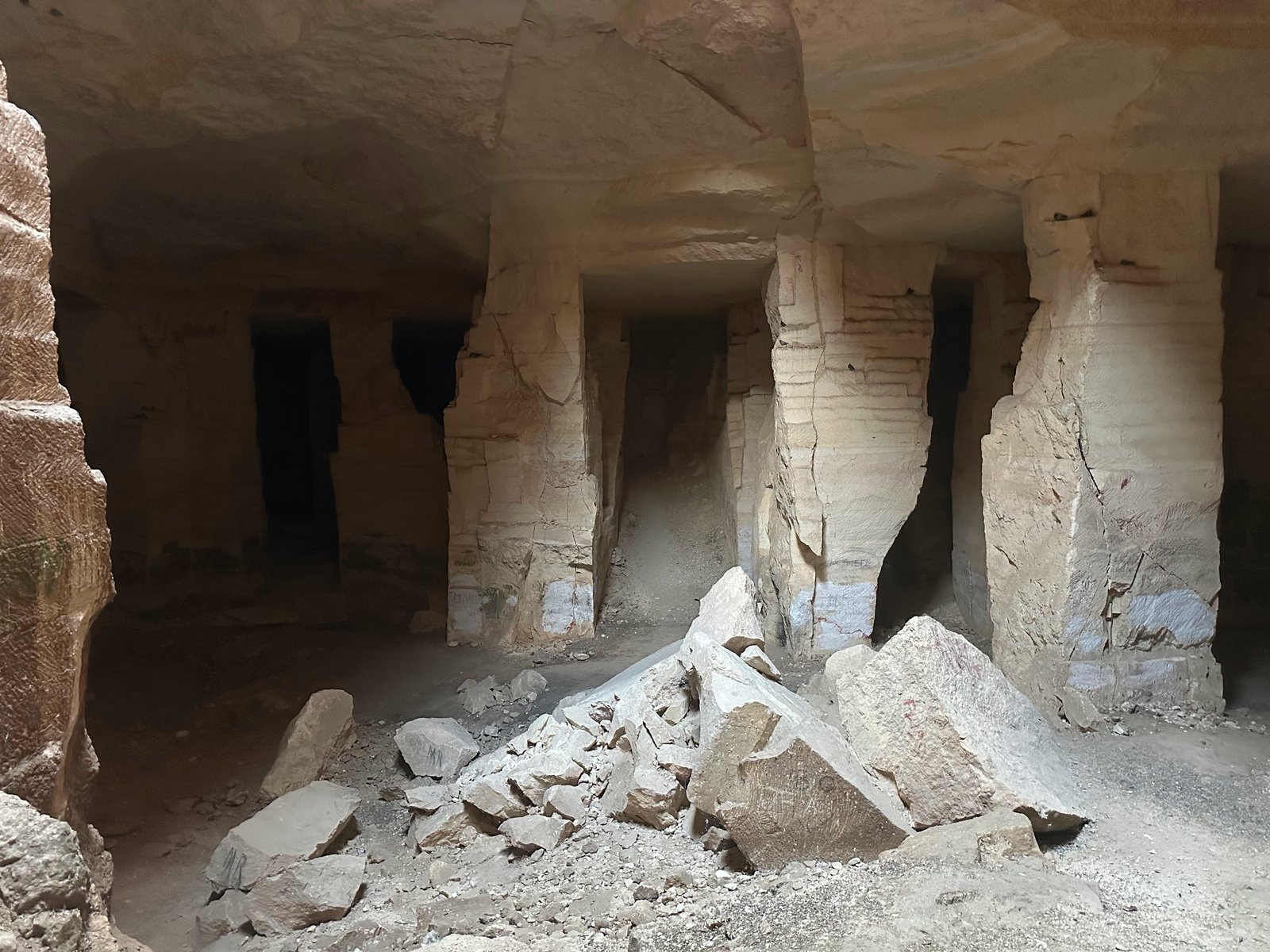 Rock-cut pillars left standing inside the Bazda Caves quarry near Harran, Şanlıurfa province, Türkiye.