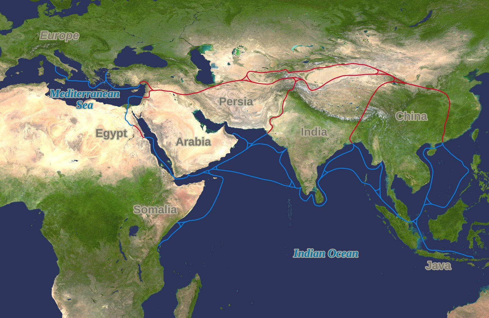 Map of the ancient overland and maritime Silk Road trade routes across Asia