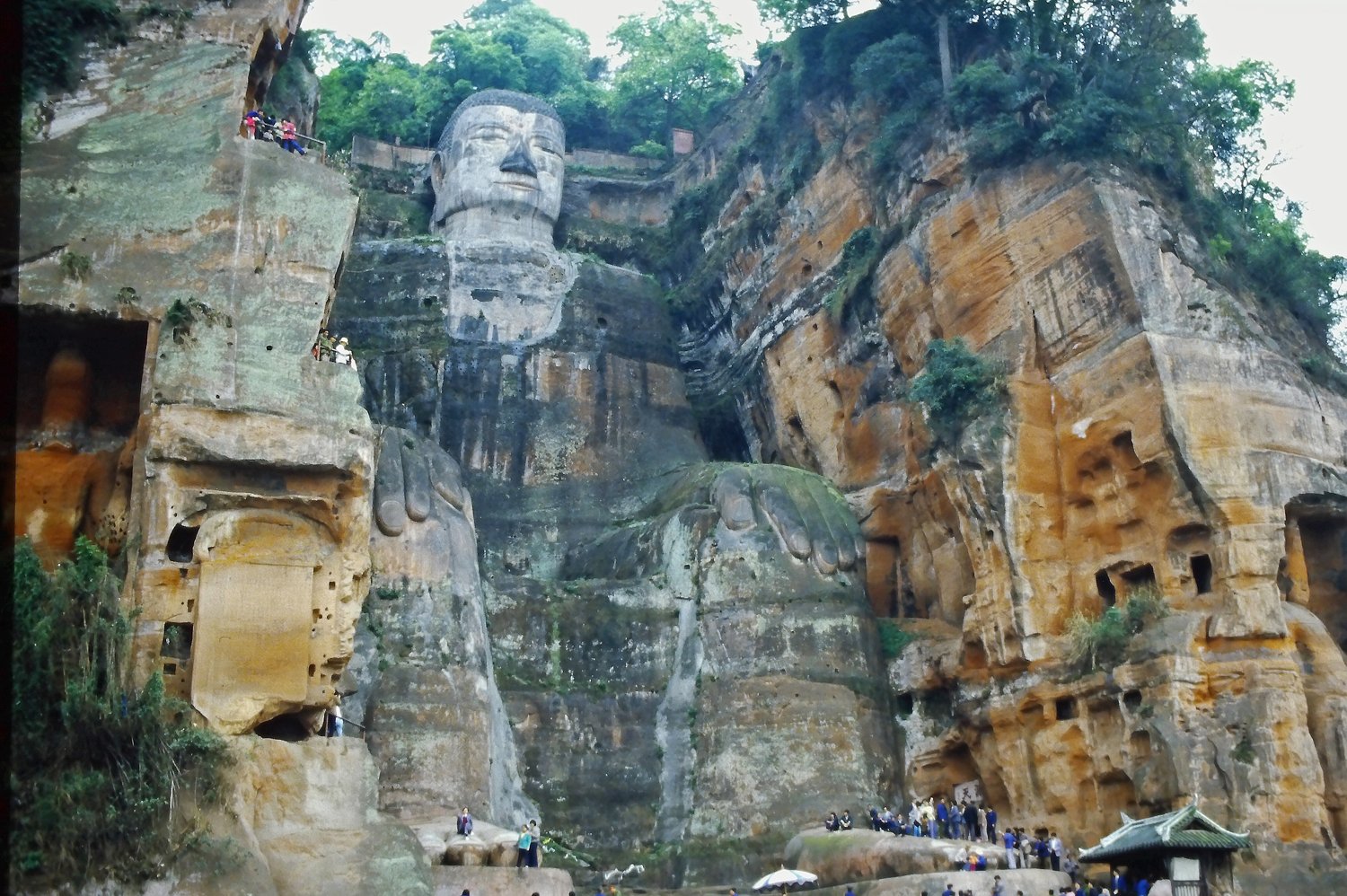 The 71-metre Leshan Giant Buddha carved into a river cliff in Sichuan, China, begun in 713 CE during the Tang dynasty