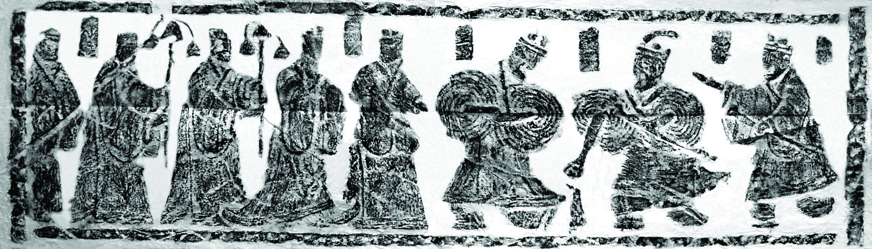 Han dynasty pictorial-stone rubbing of the two peaches three warriors story