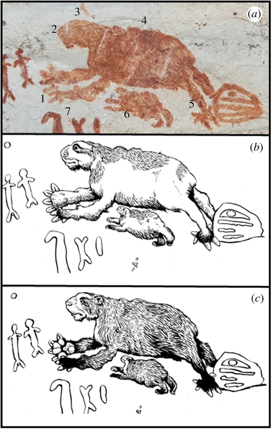 Ochre rock painting of an extinct giant ground sloth at Serrania de la Lindosa in the Colombian Amazon, dated between 12,600 and 11,800 years old.