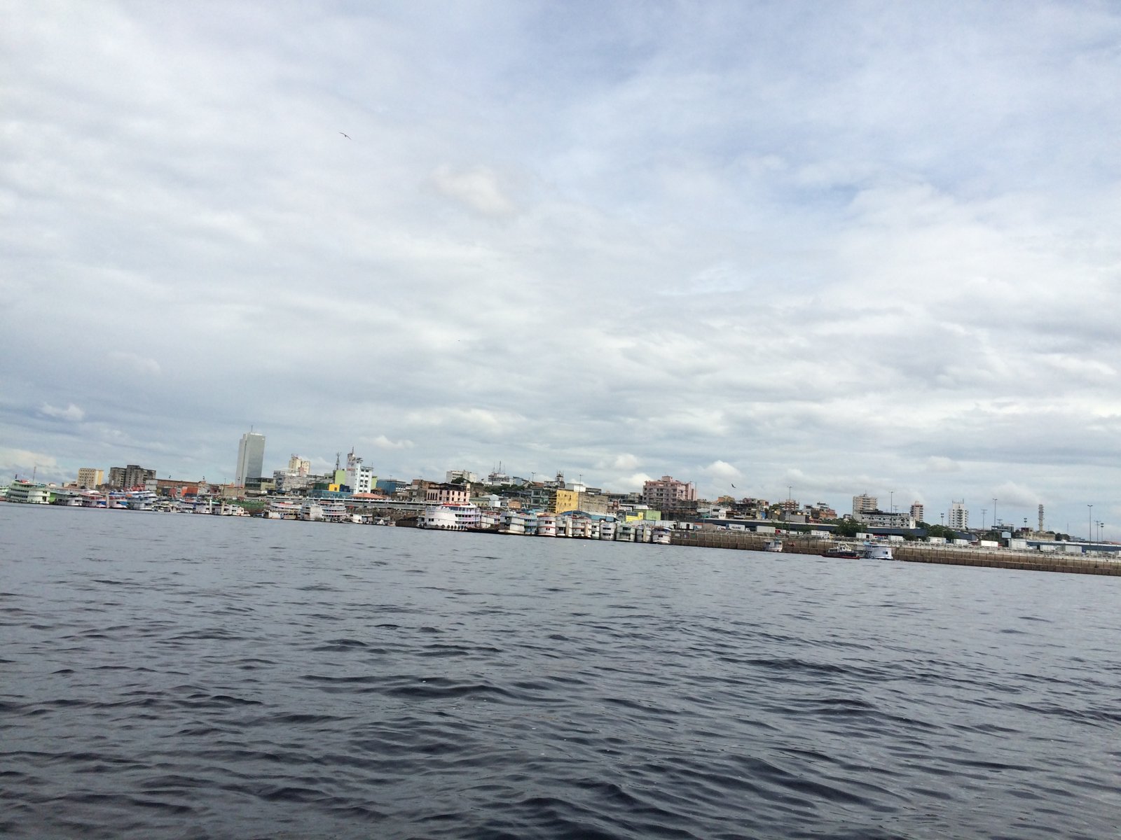 The dark blackwater of the Rio Negro meeting the pale, sediment-rich Solimoes at the Meeting of Waters near Manaus, Brazil.