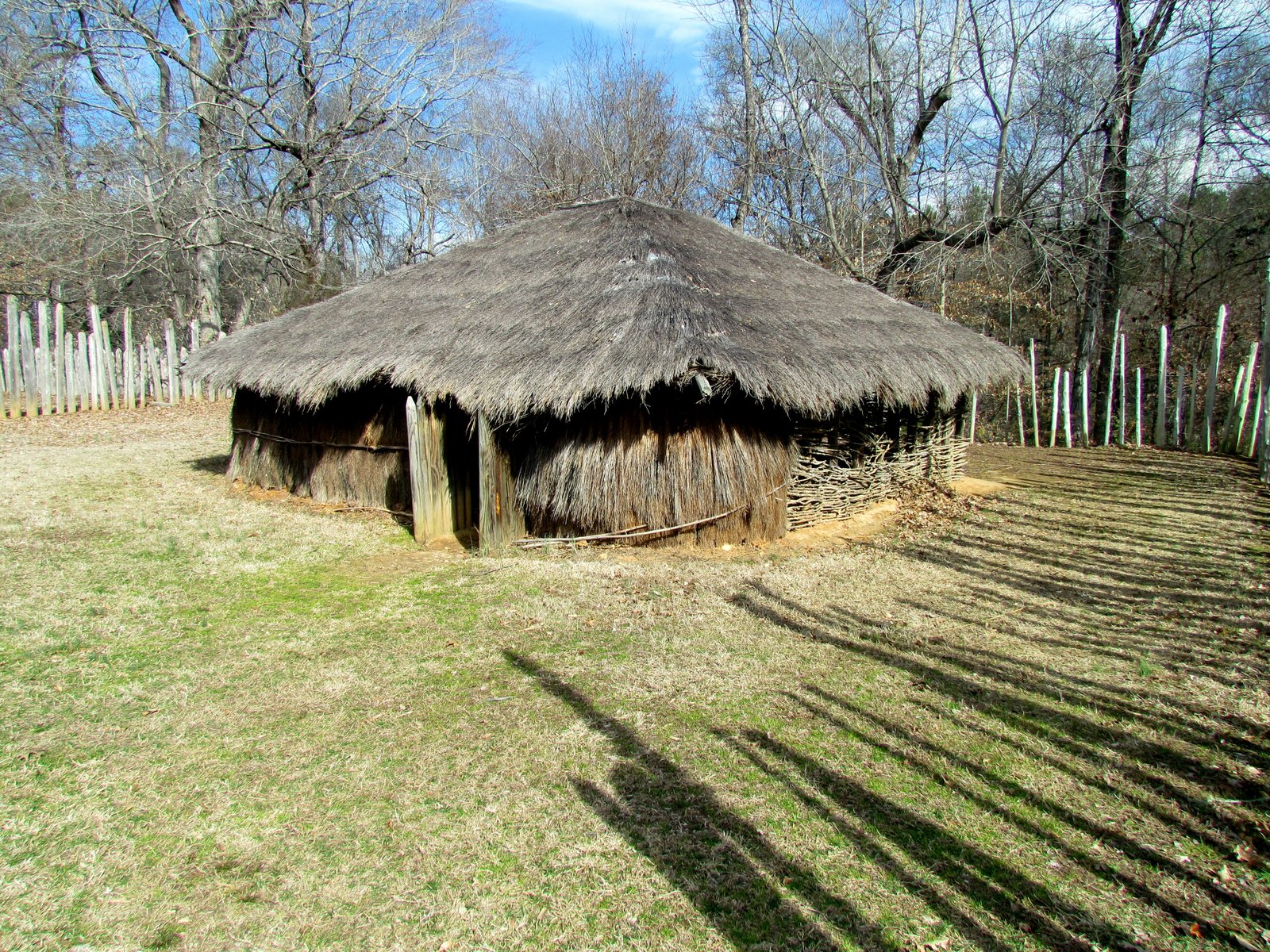 Reconstructed east lodge structure on the village grounds at Town Creek Indian Mound