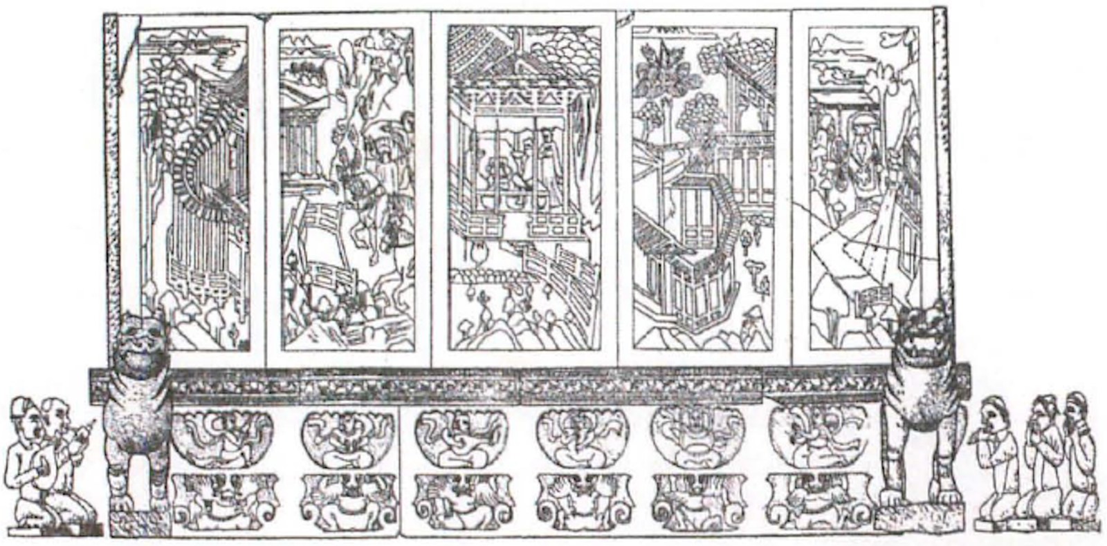 Line drawing reconstructing the Sui-dynasty Sogdian stone funerary couch from the Tianshui tomb.