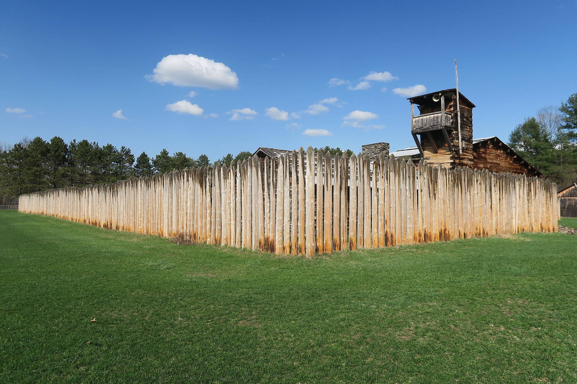 Reconstructed log palisade and buildings at the Fort at Number 4 in Charlestown, New Hampshire