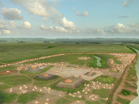 Aerial illustration of the Kincaid Mounds site plan showing the palisade, plaza and numbered mounds