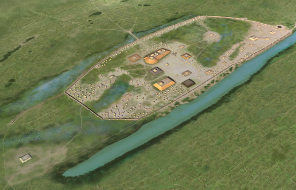 Artist's digital reconstruction of the Kincaid Mounds town around 1300 CE, showing platform mounds around a central plaza