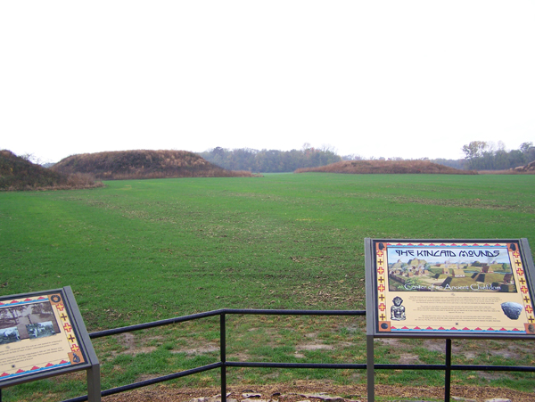 Grass-covered platform mounds arcing around the levelled central plaza at the Kincaid site in southern Illinois