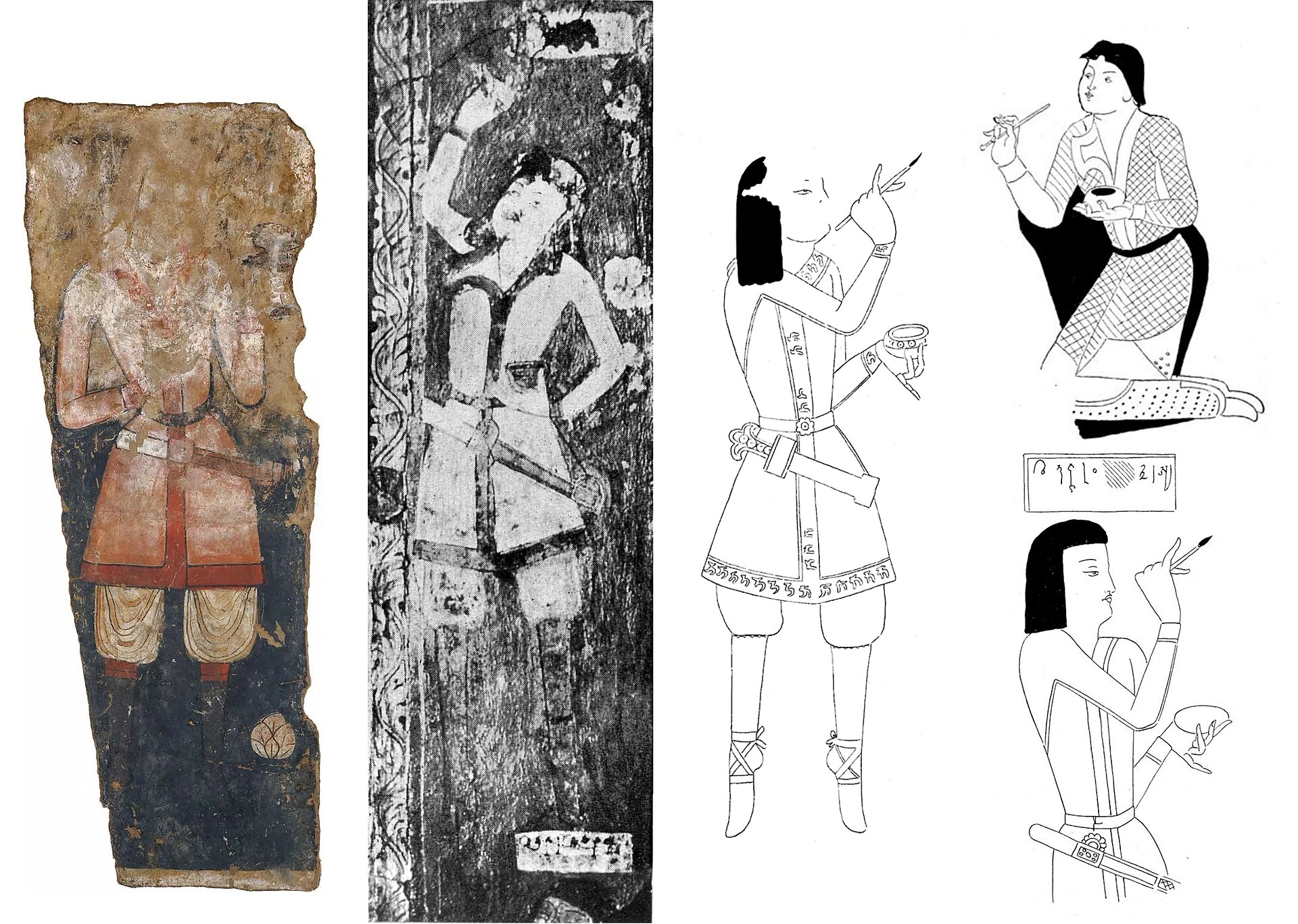 Mural of kneeling painters holding brushes and pigment pots, Cave of the Painters, Kizil, circa 500 CE