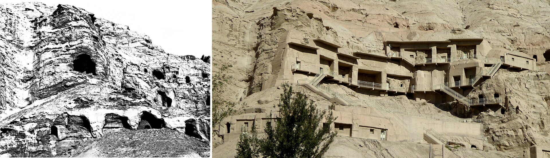 Side-by-side comparison of Kizil caves 1 to 17 photographed in 1912 and again in 2015