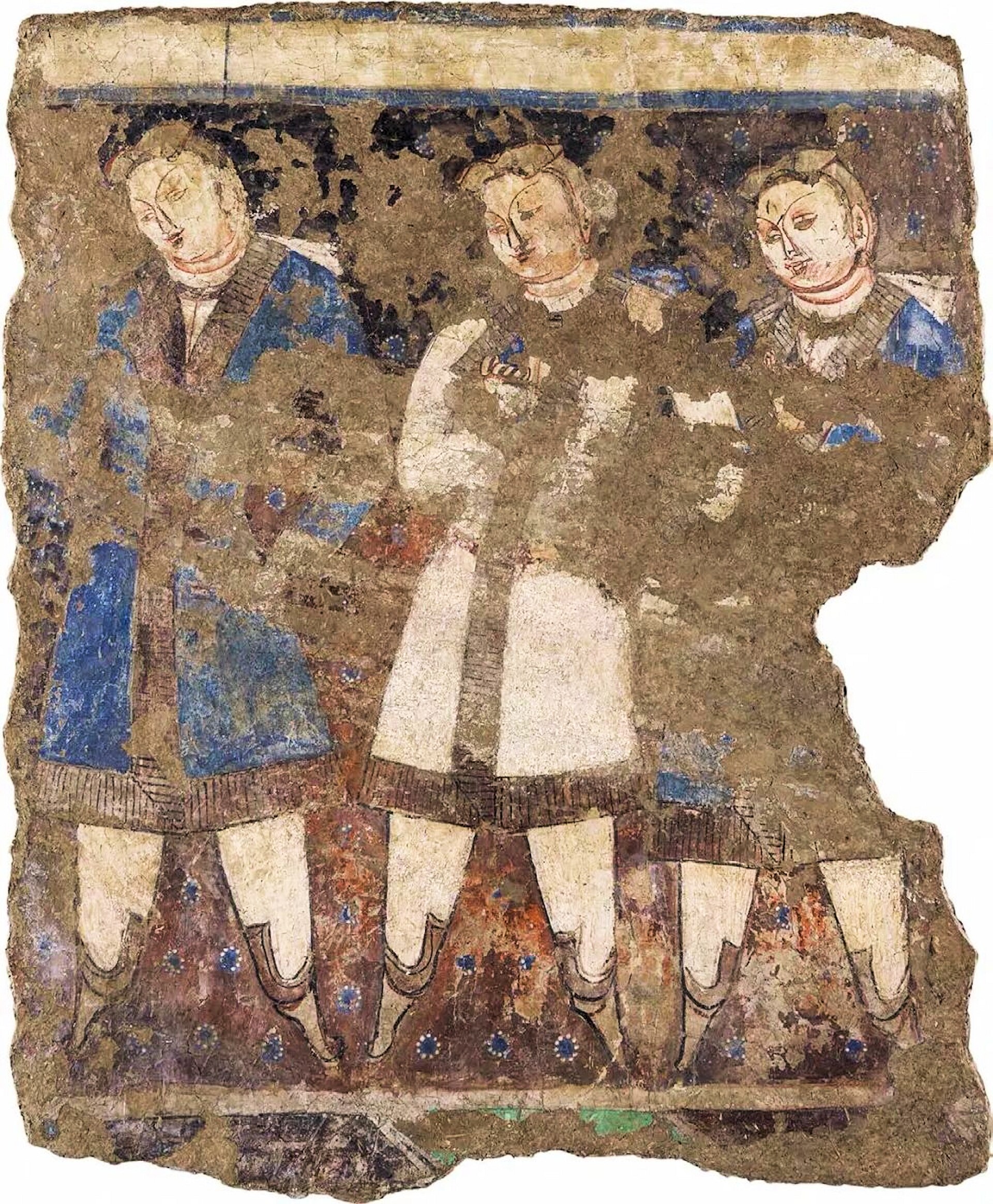 Kizil mural showing armoured Kuchean knights in brilliant blue and green pigments, 6th to 7th century CE