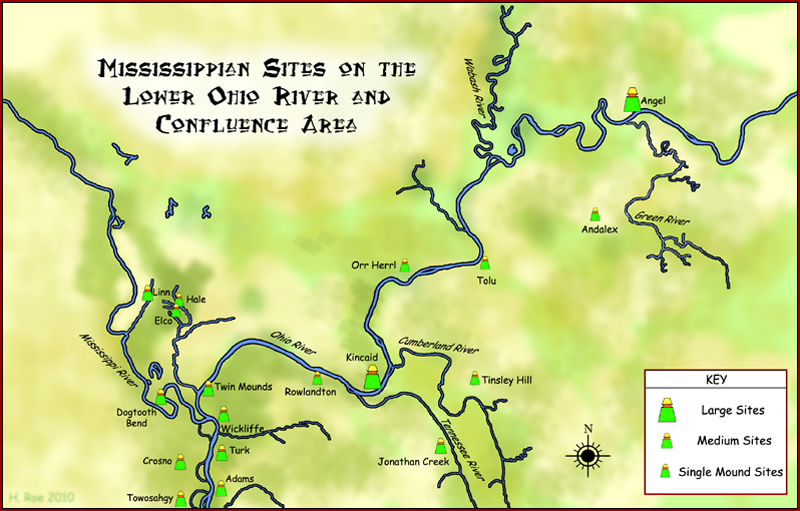 Map showing Mississippian culture sites along the lower Ohio River including Kincaid, Angel, Wickliffe and Tolu