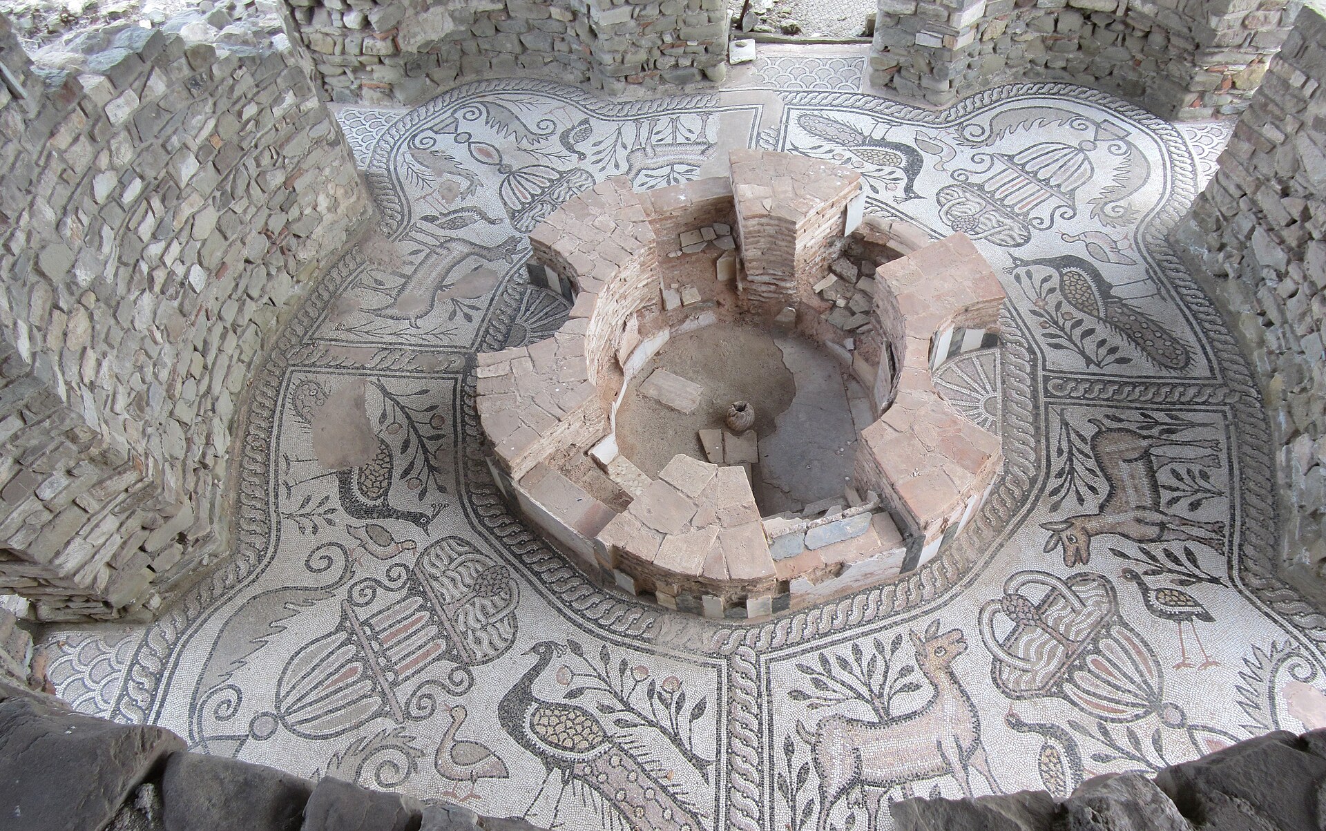 Peacock mosaic floor in the baptistery of the Episcopal Basilica at Stobi