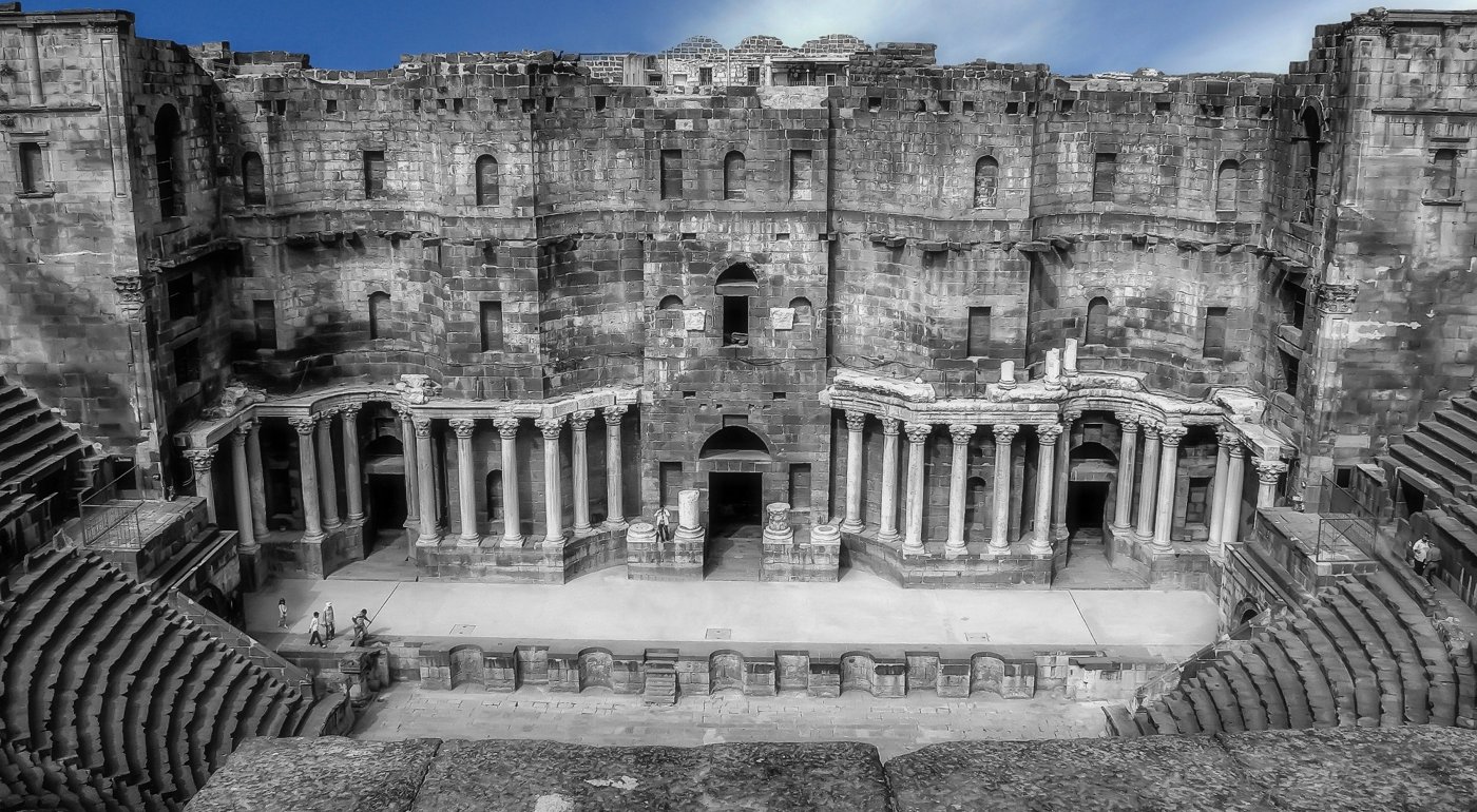 The black basalt Roman theatre at Bosra, Syria, which seated around 15,000 spectators